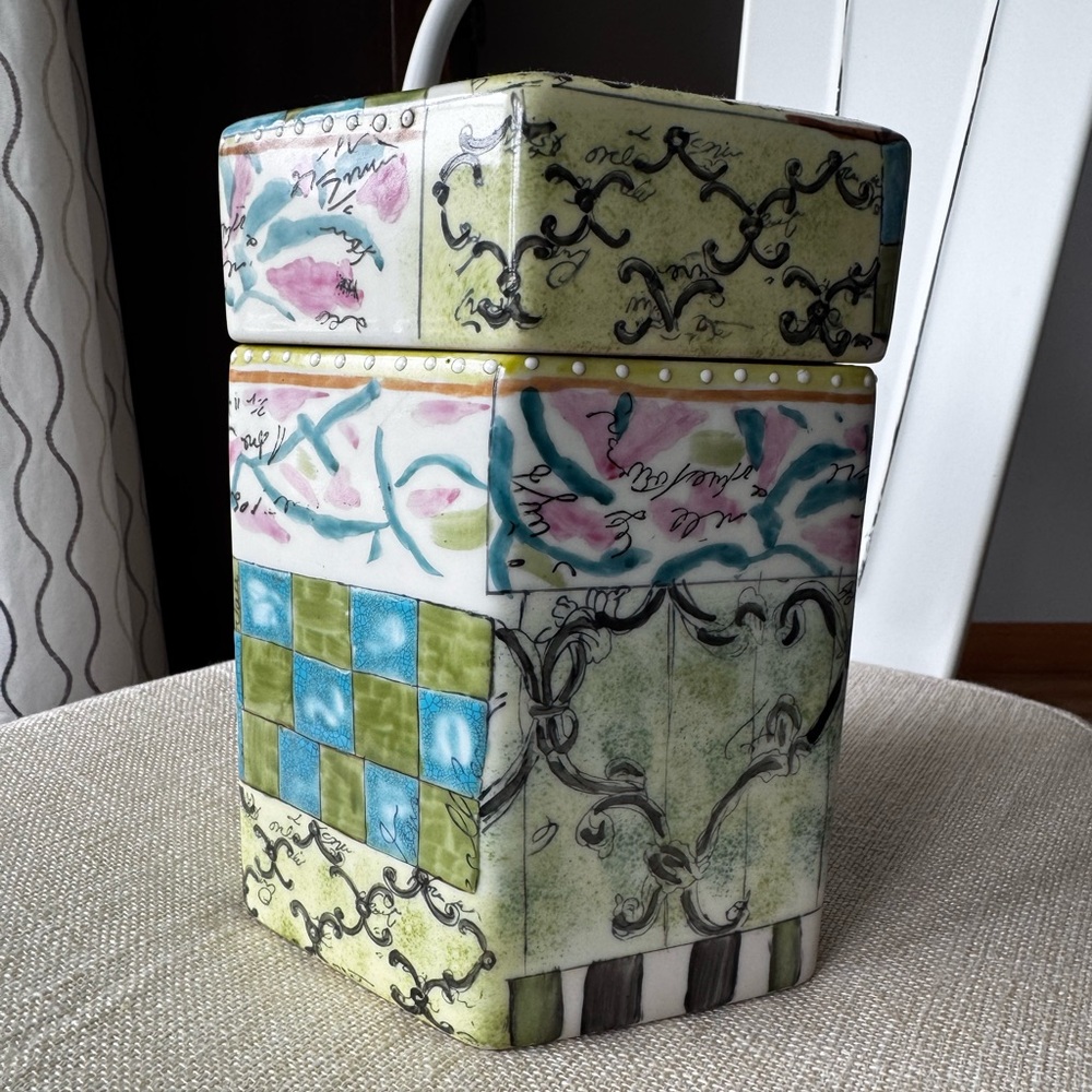 John Derian Art Deco Hand Painted Hexagon Ceramic Canister With Lid Ginger Jar